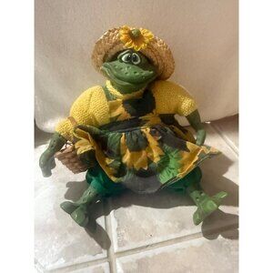 Russ Green Frog Figurine With Sunflower Dress & Straw Hat